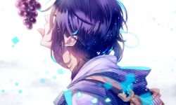 10s 1boy bad_id bad_pixiv_id closed_eyes food fruit grapes japanese_clothes male_focus mikazuki_munechika nipponia_nippon purple_hair sayagata short_hair simple_background solo tongue tongue_out touken_ranbu upper_body