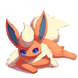 Rule 34 | absurdres, animal focus, blonde hair, blue eyes, creatures (company), flareon, fluffy, game freak, gen 1 pokemon, highres, lying, nevedoodle, nintendo, no humans, pokemon, pokemon (creature), signature, simple background, smile, solo, white background