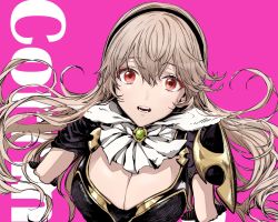 Rule 34 | 1girl, armor, black armor, black hairband, breasts, character name, cleavage, corrin (female) (fire emblem), corrin (fire emblem), fire emblem, fire emblem fates, hairband, highres, large breasts, long hair, looking at viewer, nintendo, open mouth, pink background, red eyes, roroichi, simple background, solo, upper body, white hair