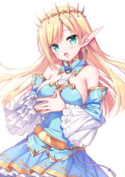 Rule 34 | 1girl, :d, bare shoulders, blonde hair, blue dress, blue sleeves, blush, breasts, commission, copyright request, detached sleeves, dress, green eyes, head tilt, highres, large breasts, long hair, long sleeves, looking at viewer, open mouth, pixiv commission, pleated dress, pointy ears, sacraneco, sideboob, simple background, smile, solo, steepled fingers, swept bangs, very long hair, white background, wide sleeves