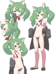 Rule 34 | 1girl, animal ear fluff, animal ears, bikini, black bikini, blush, bow, bowtie, breasts, choker, covering nipples, covering privates, expressionless, full body, green hair, hair over breasts, half-closed eyes, headpat, highres, inu kaze yamu, jacket, looking at viewer, multiple views, navel, no bra, off shoulder, open mouth, original, panties, red eyes, side-tie panties, simple background, small breasts, smile, solo focus, swimsuit, topless, twintails, underboob, underwear, untied panties, white background