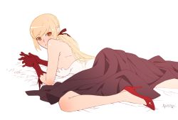 Rule 34 | 10s, 1girl, bare shoulders, bed sheet, blonde hair, breasts, elbow gloves, elbow rest, gloves, hair ribbon, high heels, highres, kiss-shot acerola-orion heart-under-blade, kizumonogatari, konnota, long hair, looking at viewer, lying, monogatari (series), on stomach, orange eyes, oshino shinobu, own hands together, pointy ears, ponytail, red footwear, ribbon, shoes, sideboob, signature, simple background, skirt, solo, white background