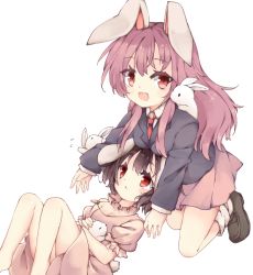 Rule 34 | 2girls, :d, animal, animal ears, black footwear, black hair, blazer, carrot necklace, closed mouth, collared shirt, cycloneyukari, dress, floppy ears, holding, holding animal, inaba mob (touhou), inaba tewi, jacket, jewelry, kneeling, knees up, long hair, long sleeves, looking at viewer, lying, multiple girls, necklace, necktie, on back, open mouth, pink dress, pink skirt, purple hair, rabbit, rabbit ears, red eyes, red neckwear, reisen udongein inaba, shirt, short hair, short sleeves, skirt, smile, touhou, white legwear, white shirt