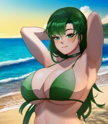 Rule 34 | 1girl, armpits, arms behind head, beach, bikini, blush, breasts, cleavage, fire emblem, green eyes, green hair, highres, large breasts, long hair, looking at viewer, lyn (fire emblem), lyndis (fire emblem), nintendo, ocean, seductive smile, smile, solo, swimsuit, tongue, tongue out, water