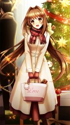 Rule 34 | 1boy, 1girl, :d, bag, brown eyes, brown gloves, brown hair, christmas, christmas tree, coat, doukyuusei another world, floating hair, game cg, gloves, hair intakes, head tilt, holding, holding bag, kakyuusei 2, long hair, long sleeves, looking at viewer, open mouth, plaid, plaid scarf, red scarf, saimon tamaki, scarf, smile, standing, twintails, very long hair, white coat, winter clothes, winter coat