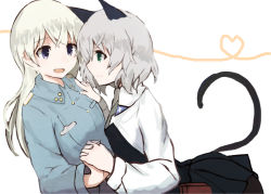 Rule 34 | 2girls, animal ears, aqua eyes, black legwear, cat ears, cat tail, eila ilmatar juutilainen, grey hair, heart, heart of string, holding hands, interlocked fingers, leaning forward, leaning on person, long hair, long sleeves, looking at another, magryo763, military, military uniform, multiple girls, necktie, open mouth, pantyhose, purple eyes, sanya v. litvyak, short hair, sideways mouth, simple background, smile, strike witches, tail, uniform, white hair, world witches series