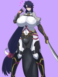 Rule 34 | 1futa, armor, black gloves, blue eyes, blue hair, bodysuit, breasts, bulge, command spell, fate/grand order, fate (series), feet out of frame, fingerless gloves, fujimaru ritsuka (male), fusion, futanari, gloves, highres, huge breasts, japanese armor, katana, kote, loincloth, long hair, low-tied long hair, minamoto no raikou (fate), purple background, purple hair, reia9131, ribbed sleeves, simple background, smile, solo, standing, suneate, sword, very long hair, weapon, white bodysuit