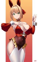 Rule 34 | 1girl, animal ears, bare shoulders, blonde hair, braid, breasts, choker, covered navel, detached sleeves, fate/grand order, fate (series), french braid, gradient background, green eyes, hand on own chest, highres, kurozawa yui, large breasts, legs together, looking at viewer, nail polish, nero claudius (fate), nero claudius (fate) (all), nero claudius (fate/extra), rabbit ears, signature, smile, solo