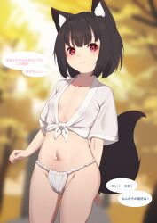 Rule 34 | 1girl, absurdres, animal ear fluff, animal ears, black hair, blurry, blurry background, blush, breasts, closed mouth, collarbone, commentary request, day, depth of field, fox ears, fox girl, fox tail, fundoshi, groin, highres, hinata (user rjkt4745), japanese clothes, navel, original, outdoors, red eyes, short sleeves, small breasts, solo, tail, translation request, wavy mouth, wide sleeves
