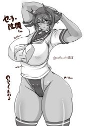 Rule 34 | 1girl, alternate costume, arms behind head, arms up, artist name, breasts, character name, cleavage, covered erect nipples, cowboy shot, dark-skinned female, dark skin, hair between eyes, headgear, height, highleg, highleg swimsuit, highres, hip bones, huge breasts, kantai collection, looking at viewer, monochrome, mutsu (kancolle), neckerchief, notauchi mawaru ni-shiki, one-piece swimsuit, parted lips, sailor collar, school uniform, short hair, sidelocks, skindentation, solo, swimsuit, swimsuit under clothes, taut clothes, thick thighs, thighhighs, thighs, three sizes, white background, wide hips