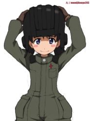 Rule 34 | 10s, 1girl, arms up, artist name, black gloves, black hat, blue eyes, blush stickers, brown hair, closed mouth, commentary, cowboy shot, emblem, girls und panzer, gloves, green jumpsuit, hands on headwear, hat, helmet, jumpsuit, katyusha (girls und panzer), kayabakoro, looking at viewer, nina (girls und panzer), one-hour drawing challenge, pravda military uniform, short hair, simple background, sketch, smile, solo, standing, tank helmet, twitter username, white background