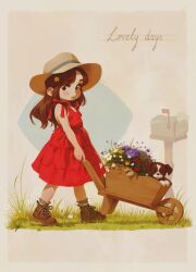 Rule 34 | 1girl, alkemanubis, brown eyes, brown footwear, brown hair, child, dog, dress, flower, from side, grass, hair flower, hair ornament, hat, highres, long hair, looking at viewer, mailbox (incoming mail), original, parted lips, red dress, shoes, solo, sun hat, walking, wheelbarrow
