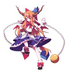 Rule 34 | 1girl, absurdres, belt, bing zizi, blue ribbon, blue skirt, bow, bow legwear, chain, closed mouth, cube, full body, hair bow, highres, horn ornament, horn ribbon, horns, ibuki suika, layered skirt, leg up, long hair, loose socks, orange hair, orb, pyramid (geometry), red bow, red eyes, red neckwear, ribbon, shirt, skirt, sleeveless, sleeveless shirt, slit pupils, smile, socks, solo, standing, standing on one leg, torn clothes, torn sleeves, touhou, transparent background, very long hair, white bow, white shirt, white socks, wrist cuffs