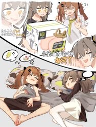 Rule 34 | 2girls, aged down, alternate costume, barefoot, black shorts, box, brown hair, censored, closed eyes, dreaming, dress, female focus, girls&#039; frontline, graphics card, grey hair, highres, holding, holding box, long hair, long sleeves, lying, mosaic censoring, multiple girls, official alternate costume, on back, on side, open mouth, pantyhose, pillow, scar, scar across eye, scar on face, shirt, shorts, sleeping, tianliang duohe fangdongye, translation request, ump45 (agent lop rabbit) (girls&#039; frontline), ump45 (girls&#039; frontline), ump9 (girls&#039; frontline), ump9 (shiba investigator) (girls&#039; frontline), white legwear, yellow eyes