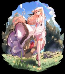 Rule 34 | 1girl, arm up, bare legs, bare shoulders, black bow, blonde hair, blue sky, bow, bracelet, breasts, character request, cleavage, copyright request, day, dress, falling petals, flower, full body, hair bow, hair flower, hair ornament, hairband, hat, high heels, highres, holding, holding clothes, holding hat, jewelry, knees together feet apart, large breasts, long hair, low-tied long hair, low ponytail, no bra, off shoulder, on grass, outdoors, panties, petals, plunging neckline, rainbow, rose, side-tie panties, side slit, sky, solo, straw hat, sun hat, tank turret, thigh gap, tree, underwear, unworn hat, unworn headwear, very long hair, wide ponytail, yellow flower, yellow rose, you ni ge shaobing