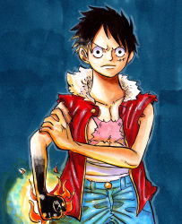 Rule 34 | 1boy, absurdres, black hair, fighting stance, glaring, highres, male focus, marker (medium), monkey d. luffy, one piece, open clothes, open shirt, ryuchin032612, scar, shirt, solo, traditional media
