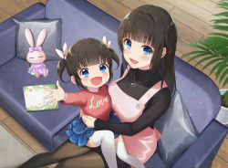 Rule 34 | 2girls, azuki yui, black legwear, black sweater, blue eyes, blue skirt, blush, breasts, child, clothes writing, commentary request, couch, english text, hair ornament, jewelry, large breasts, long hair, looking at viewer, multiple girls, necklace, on couch, open mouth, original, pantyhose, pillow, red shirt, shirt, short hair, sitting, skirt, stuffed animal, stuffed rabbit, stuffed toy, sweater, thighhighs, two side up, white legwear, x hair ornament