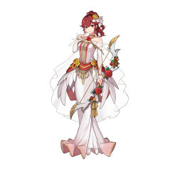 Rule 34 | 1girl, alternate costume, anna (fire emblem), bare shoulders, bouquet, bow (weapon), breasts, detached sleeves, dress, feather trim, female focus, finger to mouth, fire emblem, fire emblem heroes, flower, flower brooch, full body, gold bracelet, gold choker, high ponytail, holding, holding bouquet, holding bow (weapon), holding weapon, looking at viewer, matching hair/eyes, medium breasts, nintendo, official alternate costume, official art, ponytail, red eyes, red flower, red hair, red rose, rose, smile, standing, weapon, wedding dress, white background, white dress, yellow flower, yellow rose