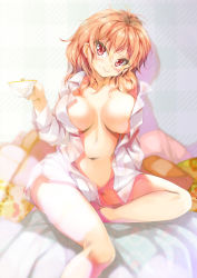 Rule 34 | 1girl, ahoge, bed sheet, blush, breasts, cafe-chan to break time, collarbone, commentary request, cup, dress shirt, hair between eyes, highres, holding, holding cup, large breasts, long sleeves, looking at viewer, medium hair, naked shirt, navel, no bra, no panties, orange hair, pillow, porurin (do-desho), red eyes, shirt, sitting, smile, solo, tea (cafe-chan to break time), teacup, white shirt