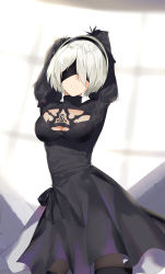 Rule 34 | arms up, backless dress, backless outfit, black gloves, black thighhighs, blindfold, breasts, cleavage, dress, gloves, hairband, high heels, highres, leotard, mole, mole under mouth, multicolored clothes, multicolored gloves, nier (series), nier:automata, short hair, skindentation, skirt, solo, sunlight, thighhighs, thighs, white gloves, white hair, wujia xiaozi, 2b (nier:automata)