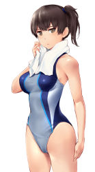 Rule 34 | 1girl, bare shoulders, blue one-piece swimsuit, breasts, brown eyes, brown hair, closed mouth, competition swimsuit, grey one-piece swimsuit, highleg, highleg swimsuit, highres, kaga (kancolle), kantai collection, large breasts, long hair, looking at viewer, multicolored clothes, multicolored swimsuit, one-piece swimsuit, side ponytail, simple background, swimsuit, thighs, towel, towel around neck, wa (genryusui), white background