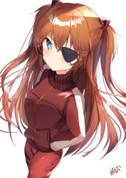 Rule 34 | 1girl, absurdres, blue eyes, blush, bodysuit, breasts, brown hair, brown jacket, closed mouth, commentary request, cowboy shot, eyepatch, hair between eyes, hand in pocket, highres, jacket, long hair, looking at viewer, nenobi (nenorium), neon genesis evangelion, plugsuit, red bodysuit, sidelocks, signature, simple background, small breasts, solo, souryuu asuka langley, star (symbol), track jacket, two side up, very long hair, white background