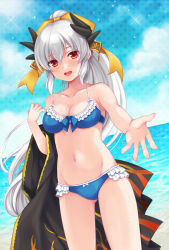 Rule 34 | 1girl, bikini, blue bikini, blush, bow, breasts, cleavage, cowboy shot, fate/grand order, fate (series), frilled bikini, frills, hair bow, highres, kiyohime (fate), kiyohime (fate/grand order), kiyohime (swimsuit lancer) (fate), kiyohime (swimsuit lancer) (third ascension) (fate), long hair, looking at viewer, medium breasts, navel, ocean, open mouth, outstretched hand, pika mouse, ponytail, red eyes, silver hair, solo, swimsuit