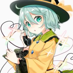 Rule 34 | 1girl, :o, ahoge, alternate eye color, alternate hair color, aqua eyes, aqua hair, arin (fanfan013), black hat, bow, buttons, collared shirt, commentary request, corded phone, frilled shirt, frilled shirt collar, frilled sleeves, frills, glint, green hair, green skirt, hair between eyes, hands up, hat, hat bow, hat ribbon, heart, heart of string, holding, holding phone, holding string, komeiji koishi, long sleeves, looking to the side, open mouth, phone, ribbon, shirt, short hair, simple background, skirt, solo, sparks, string, talking on phone, touhou, upper body, white background, wide sleeves, yellod bow, yellod ribbon, yellow ribbon, yellow shirt