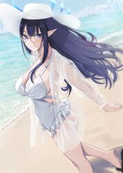 Rule 34 | 1girl, alternate costume, ass, beach, black hair, blue archive, blue eyes, breasts, cleavage, closed mouth, collarbone, commentary, day, english commentary, frilled one-piece swimsuit, frills, glasses, halo, hat, highres, large breasts, long hair, looking at viewer, nicky w, ocean, one-piece swimsuit, outdoors, pointy ears, rin (blue archive), sandals, smile, solo, sun hat, sunlight, swimsuit, thighs, walking, white hat, white one-piece swimsuit