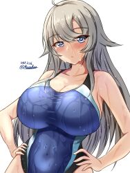 Rule 34 | 1girl, black one-piece swimsuit, blue one-piece swimsuit, blush, breasts, collarbone, competition swimsuit, covered navel, grey eyes, grey hair, hands on own hips, highleg, highleg swimsuit, highres, impossible clothes, impossible swimsuit, kantai collection, large breasts, long hair, looking at viewer, montemasa, one-piece swimsuit, solo, swimsuit, twitter username, two-tone swimsuit, upper body, washington (kancolle), wet, wet clothes, wet swimsuit