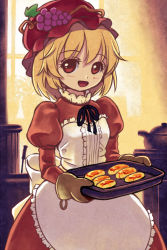Rule 34 | 1girl, adapted costume, aki minoriko, apron, bad id, bad pixiv id, baking, baking sheet, blonde hair, blush, eyelashes, food, fruit, gorota, grapes, hat, high collar, indoors, juliet sleeves, kettle, long sleeves, looking at viewer, mob cap, open mouth, oven mitts, plant, potted plant, puffy sleeves, red eyes, ribbon, short hair, solo, touhou, window