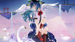 Rule 34 | 1girl, angel wings, bird, black hat, blue hair, blue skirt, boots, bow, bowtie, center frills, day, floating island, foot out of frame, frills, gradient sky, hair between eyes, hat, highres, hinanawi tenshi, knee up, long hair, looking ahead, looking to the side, naufaldreamer, outdoors, red bow, red bowtie, red eyes, red footwear, shirt, sitting, skirt, sky, solo, star (sky), swan, torii, touhou, twilight, water, waterfall, white shirt, wings