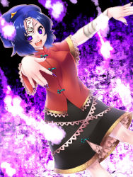 Rule 34 | &gt;:3, 1girl, :3, :d, bad id, bad pixiv id, bandages, blue hair, expressive clothes, fang, female focus, fingernails, hat, highres, looking at viewer, miyako yoshika, nail polish, ofuda, open mouth, outstretched arms, purple eyes, sharp fingernails, short hair, smile, solo, star (symbol), touhou, v-shaped eyebrows, yutazou, zombie pose