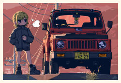 Rule 34 | 1girl, black eyes, black footwear, black shorts, blonde hair, breath, can, car, grey jacket, hair behind ear, highres, holding, holding can, jacket, license plate, looking to the side, medium hair, motor vehicle, original, photo-referenced, power lines, red sky, satosio, shoes, short shorts, shorts, sky, sneakers, sports utility vehicle, suzuki jimny, vehicle focus