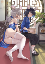 Rule 34 | 2girls, bad id, bad pixiv id, benghuai xueyuan, black hair, blue eyes, blue hair, bow, breasts, bronya zaychik, china dress, chinese clothes, commentary request, crossed bangs, dark persona, dress, drill hair, ginklaga, grey eyes, grey hair, hair bow, highres, honkai (series), honkai impact 3rd, long hair, mary janes, mixed-language commentary, multicolored hair, multiple girls, panties, red eyes, red hair, revision, seele vollerei, shoes, sidelocks, small breasts, socks, soles, thighhighs, toes, twin drills, two-tone hair, underwear