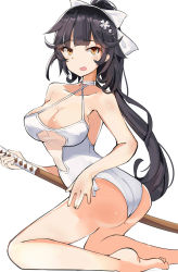 Rule 34 | 1girl, ass, azur lane, barefoot, black hair, bokken, bow, breasts, brown eyes, casual one-piece swimsuit, cleavage, criss-cross halter, hair bow, hair flaps, halterneck, highres, holding, holding sword, holding weapon, kneeling, long hair, looking at viewer, one-piece swimsuit, ponytail, solo, swimsuit, sword, takao (azur lane), takao (beach rhapsody) (azur lane), very long hair, weapon, white bow, white one-piece swimsuit, wooden sword, xly 97