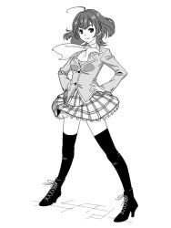Rule 34 | 1girl, ahoge, bad drawr id, bad id, blazer, boots, character request, copyright request, cross-laced footwear, francine (daijaemon), full body, greyscale, hands on own hips, high heels, jacket, long sleeves, looking at viewer, monochrome, oekaki, plaid, plaid skirt, pleated skirt, school uniform, short hair, simple background, skirt, smile, solo, standing, tachi-e, thighhighs, white background, zettai ryouiki