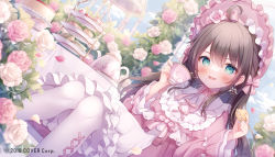 Rule 34 | 1girl, :d, ahoge, blue sky, blurry, blurry background, blush, bow, brown hair, commentary request, copyright notice, cup, day, depth of field, dress, dutch angle, flower, food, frilled dress, frills, green eyes, hair between eyes, highres, holding, holding cup, holding food, hololive, juliet sleeves, knees up, lolita fashion, long hair, long sleeves, natsuiro matsuri, official art, omochi monaka, open mouth, outdoors, pantyhose, petals, pink bow, pink dress, pink flower, pink rose, puffy sleeves, rose, sandwich, sky, smile, solo, sweet lolita, teacup, teapot, tiered tray, virtual youtuber, watermark, white dress, white flower, white pantyhose, white rose, wide sleeves