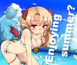 Rule 34 | 1girl, bent over, bikini, blonde hair, blush, breasts, cleavage, demon horns, demon tail, full body, horn ornament, horn ring, horns, long hair, looking at viewer, madarauron, medium breasts, mole, mole under eye, moshi (atelier33-4), original, pointy ears, red eyes, smile, solo, summer, swimsuit, tail, text focus, water, wings