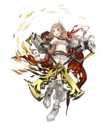 Rule 34 | 1girl, :d, armored boots, belt, blonde hair, boots, cape, frilled swimsuit, frills, full body, gauntlets, hair ribbon, ji no, long hair, looking at viewer, navel, official art, open mouth, orange eyes, red riding hood (sinoalice), ribbon, scissors, sinoalice, smile, solo, swimsuit, teeth, torn cape, torn clothes, transparent background, upper teeth only