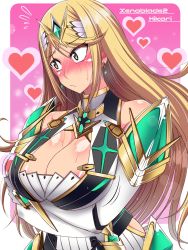 Rule 34 | 1girl, armor, bare shoulders, blonde hair, blush, breast hold, breasts, character name, cleavage, cleavage cutout, clothing cutout, copyright name, crossed arms, dress, gem, gloves, hair ornament, headpiece, highres, huge breasts, jewelry, large breasts, long hair, mythra (xenoblade), nervous, nintendo, oriennto, shoulder armor, shy, solo, sweat, xenoblade chronicles (series), xenoblade chronicles 2, yellow eyes