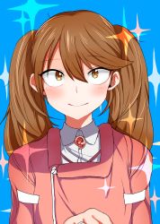 Rule 34 | 1girl, absurdres, blue background, blush, brown eyes, brown hair, gomio (bb-k), hair between eyes, highres, japanese clothes, jewelry, kantai collection, kariginu, long hair, looking at viewer, magatama, ring, ryuujou (kancolle), sanpaku, simple background, smile, solo, sparkle, twintails, upper body, wedding band