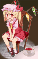 Rule 34 | 1girl, ascot, blonde hair, blush, chair, cup, dress, female focus, flandre scarlet, hat, hat ribbon, looking at viewer, makai penguin, mary janes, mob cap, open mouth, puffy sleeves, red dress, red eyes, red skirt, ribbon, shirt, shoes, short sleeves, side ponytail, sitting, skirt, smile, solo, table, teacup, touhou, v arms, wings