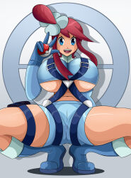 Rule 34 | 1girl, absurdres, blue eyes, boots, breasts, creatures (company), game freak, gloves, highres, huge breasts, long hair, long sleeves, nintendo, poke ball, pokemon, pokemon bw, red hair, shorts, skyla (pokemon), sonson-sensei, teeth, thick thighs, thighs, underboob, upper teeth only