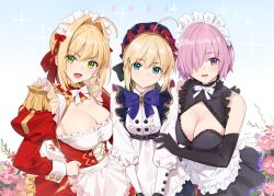 Rule 34 | 2022, 3girls, absurdres, ahoge, alternate costume, artoria caster (fate), artoria pendragon (fate), blonde hair, blush, braid, breasts, fate/extra, fate/grand order, fate (series), french braid, green eyes, hair bun, hair intakes, hair over one eye, highres, large breasts, light purple hair, long hair, looking at viewer, maid, mash kyrielight, multiple girls, nero claudius (fate), nero claudius (fate) (all), nero claudius (fate/extra), purple eyes, short hair, single hair bun, small breasts, twintails, yd (orange maru)