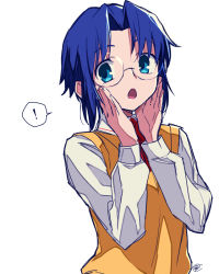Rule 34 | !, 1girl, :o, blue eyes, blue hair, ciel (tsukihime), collared shirt, commentary request, fujihana (mugenpixel), glasses, hands on own face, long sleeves, looking at viewer, open mouth, parted bangs, school uniform, shirt, short hair, signature, simple background, solo, speech bubble, tsukihime, uniform, upper body, vest, white background, white shirt, yellow vest