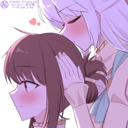 2girls artist_name blush brown_hair chinese_commentary closed_eyes commentary_request from_side hair_bun hand_on_another&#039;s_head heart highres kissing_hair long_hair luliam_santamagia mixed-language_commentary multiple_girls muryoku_seijo_to_munou_oujo orange_eyes parted_lips profile shiyan_ying simple_background tamura_nana white_background white_hair yuri