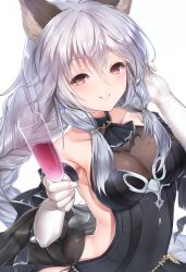 Rule 34 | 1girl, animal ears, backless dress, backless outfit, bare shoulders, black dress, blush, braid, breasts, cat ears, champagne flute, cleavage, collarbone, covered navel, cup, dress, drinking glass, earrings, elbow gloves, erune, gloves, granblue fantasy, hair between eyes, heles, heles (irestill evening dress) (granblue fantasy), highres, jewelry, lips, long hair, looking at viewer, medium breasts, parted lips, red eyes, see-through, silver hair, simple background, single braid, smile, solo, topia, upper body, very long hair, white background, white gloves