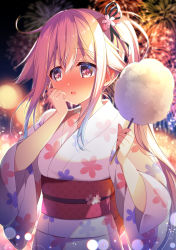 Rule 34 | 1girl, aerial fireworks, alternate costume, blue hair, blurry, blurry background, blush, cotton candy, depth of field, fireworks, floral print, food, gradient hair, hair between eyes, hair flaps, hair ribbon, harusame (kancolle), highres, holding, holding food, japanese clothes, kantai collection, kimono, looking away, multicolored hair, night, night sky, nose blush, parted lips, pink eyes, pink hair, ribbon, ringo sui, sash, side ponytail, sidelocks, sky, smile, solo, wide sleeves, yukata