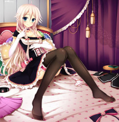 Rule 34 | 1girl, ahoge, bed, blonde hair, blush, bow, bow panties, braid, brown thighhighs, cellphone, choker, elbow gloves, feet, frilled pillow, frilled thighhighs, frills, frown, gloves, green eyes, hand to own mouth, highres, ia (vocaloid), knees together feet apart, kukan, legs, long hair, long legs, off shoulder, panties, unworn panties, phone, pillow, polka dot, polka dot panties, solo, thighhighs, thighs, twin braids, underwear, vocaloid, white panties